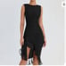 BLACK ASYMMETRICAL RUFFLE HEM RUCHED DRESS