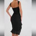 BLACK ASYMMETRICAL RUFFLE HEM RUCHED DRESS