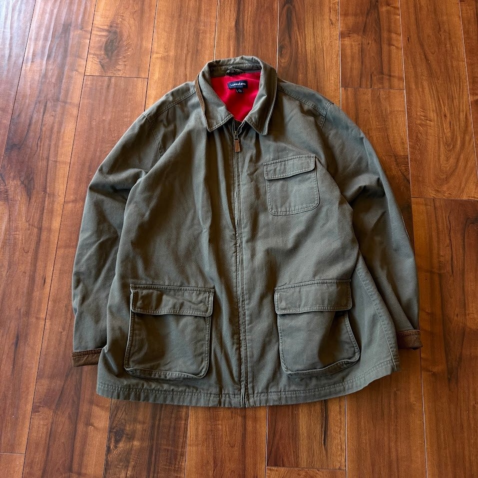 Vintage Lands End Olive Green Corduroy Trim Elbow Patch Chore Coat Jacket Men XL