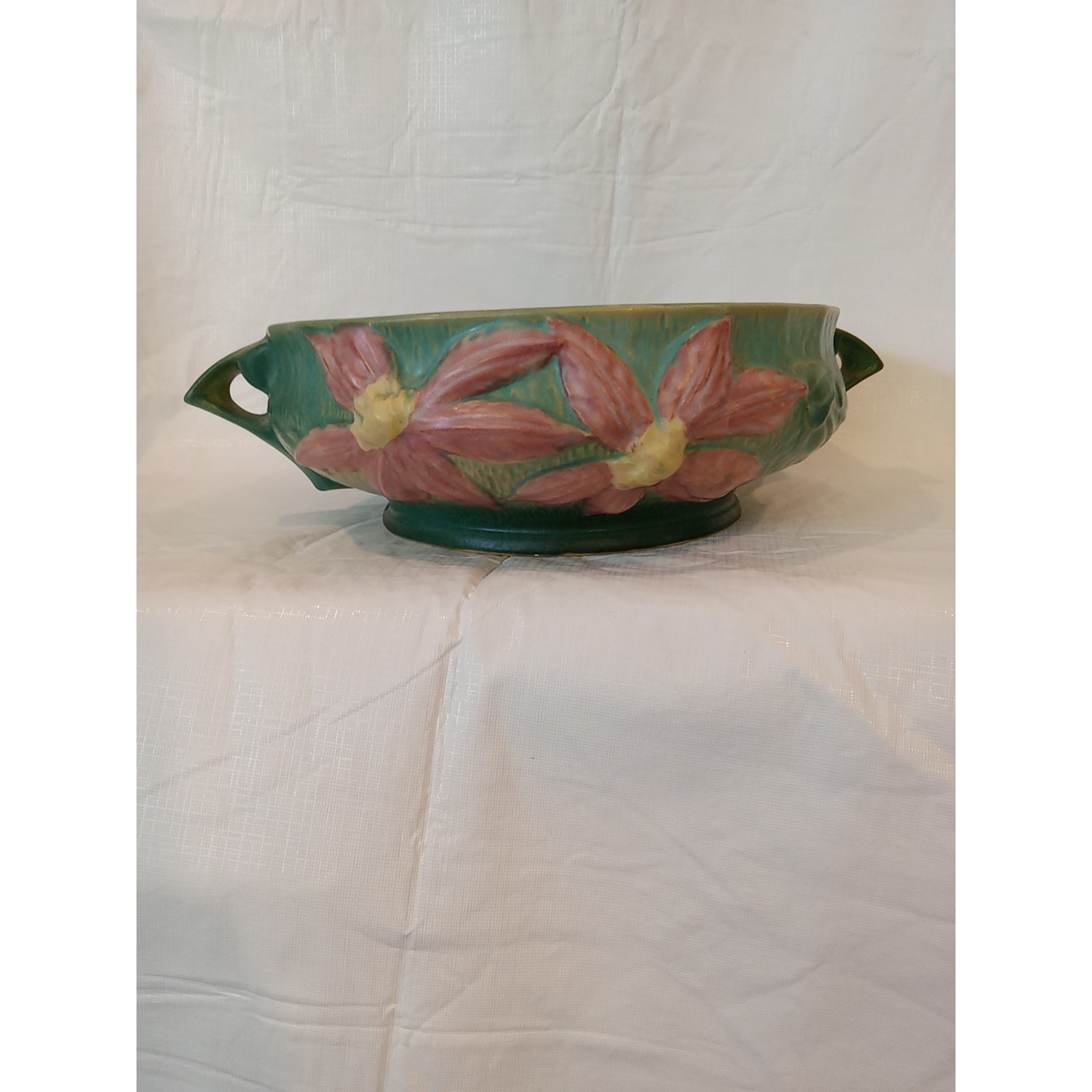 Vintage Roseville Clematis Forest Green 459-10 Console Bowl Pink Flower 10.75