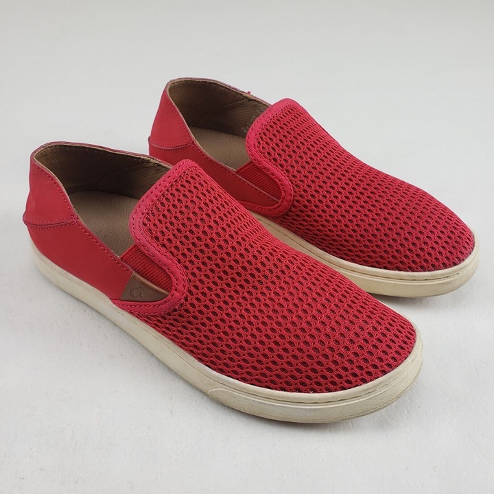 Olukai Pehuea Slip On Sneaker Womens 7 Red Mesh Comfort Shoe Loafer Drop Heel
