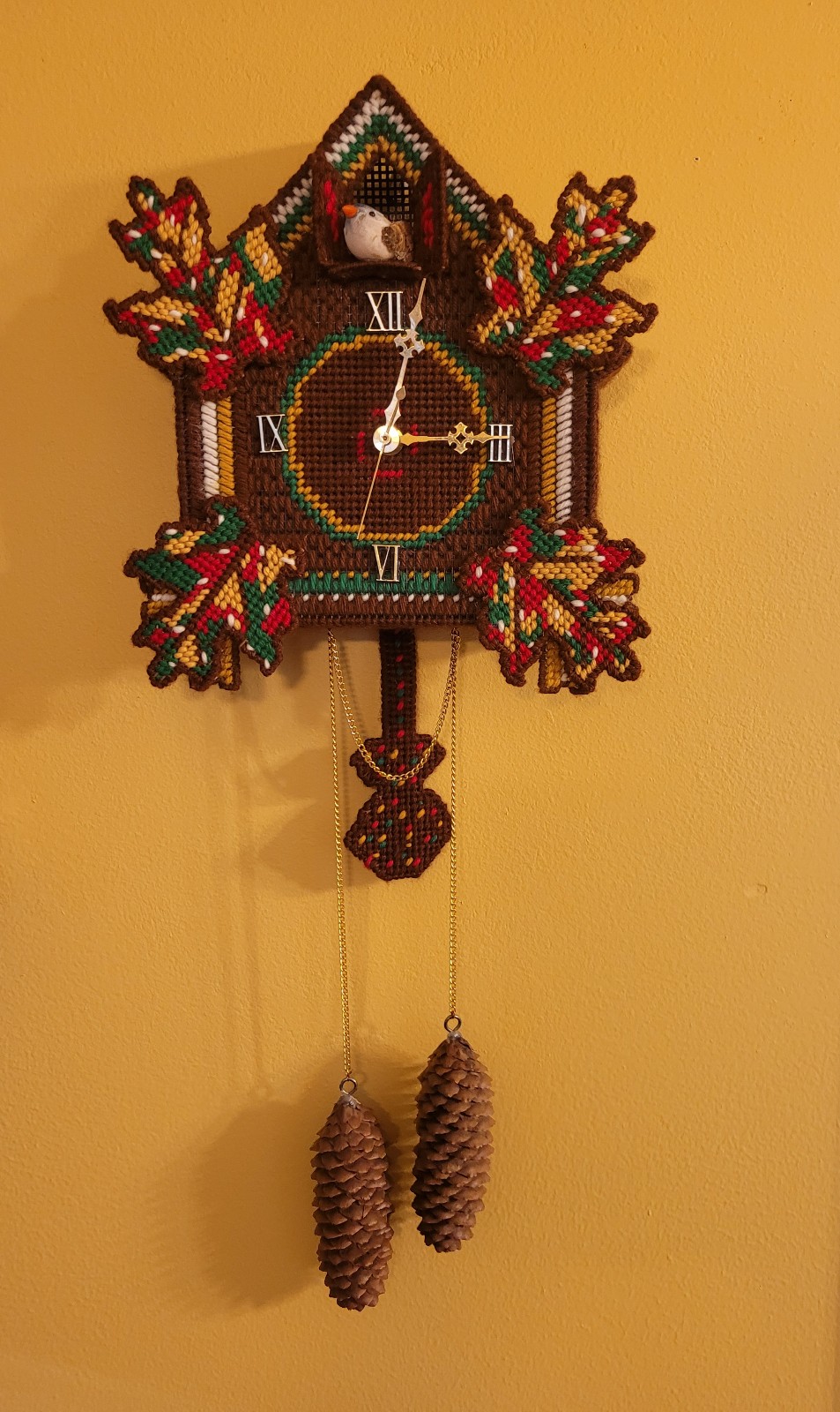 Vintage 1970s Cuckoo Clock Needlepoint Kitsch Wall Decor Working Battery Operate