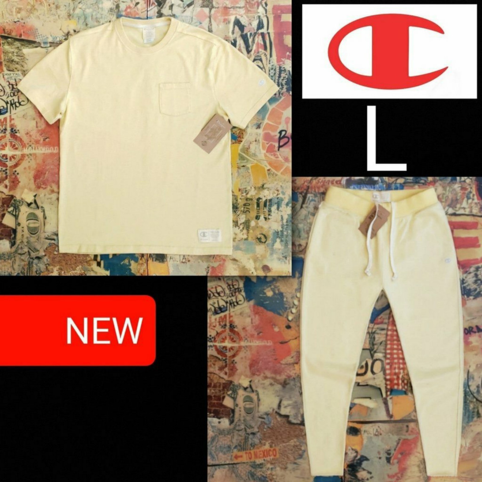 SET: 110 New Champion Mens Reverse Weave Natural Dye T-shirt + Sweatpants! L