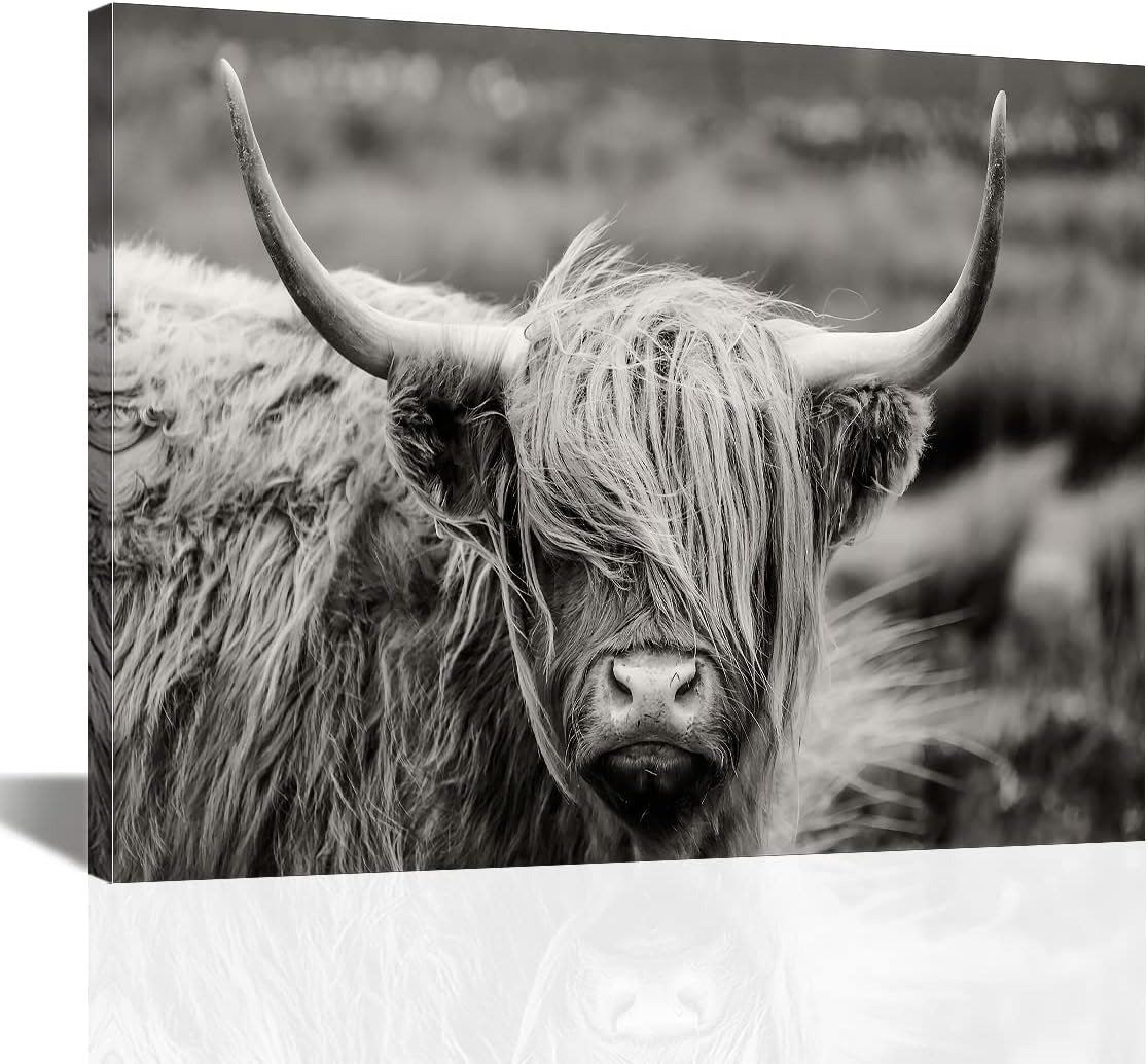 NEW Highland Cow Wall Art, Black and White Landscape, Bull Wall Decor, Farmhouse