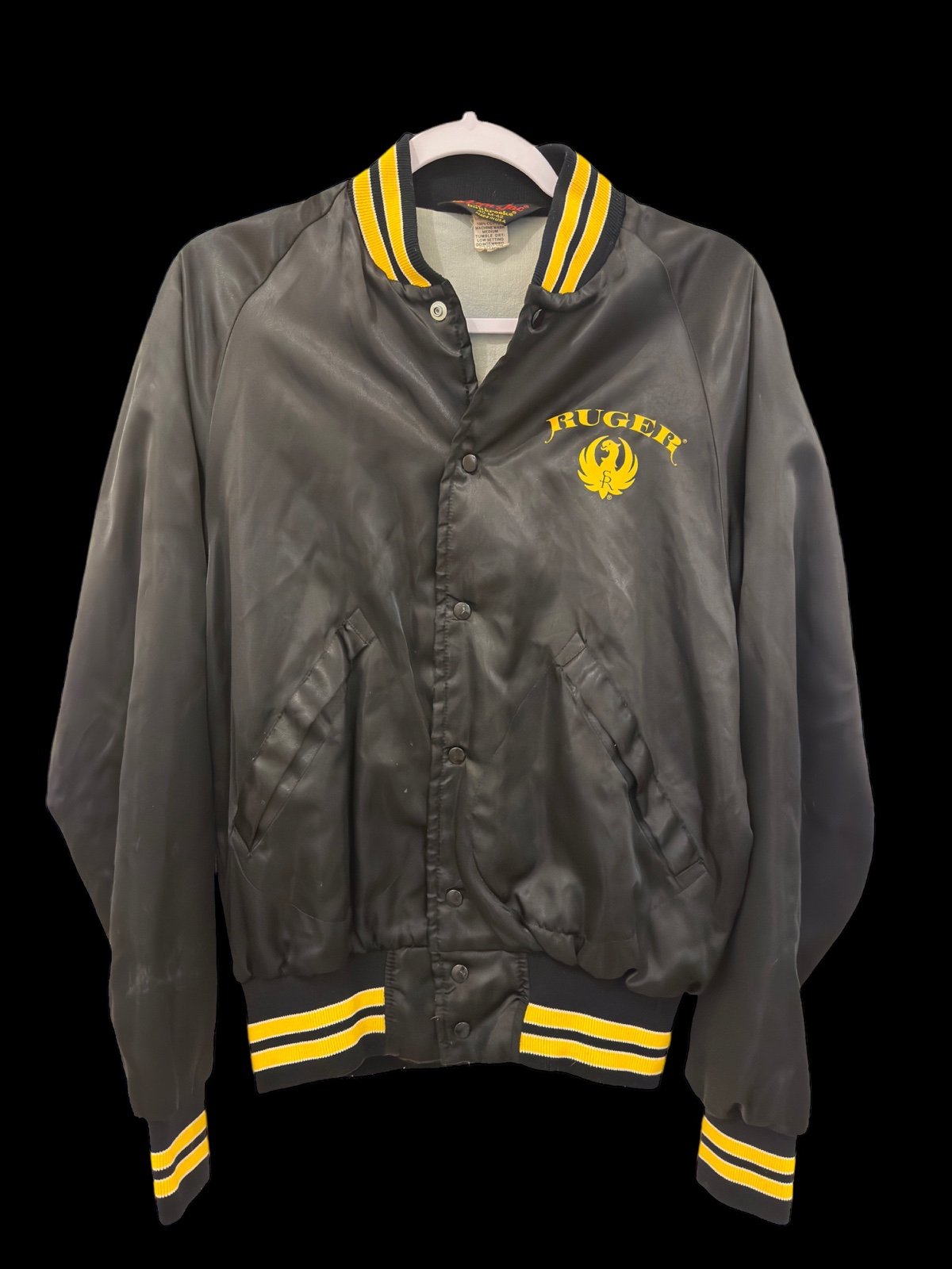 Vintage Ruger Firearms Bomber Jacket Size Medium Made In USA Black / Yellow
