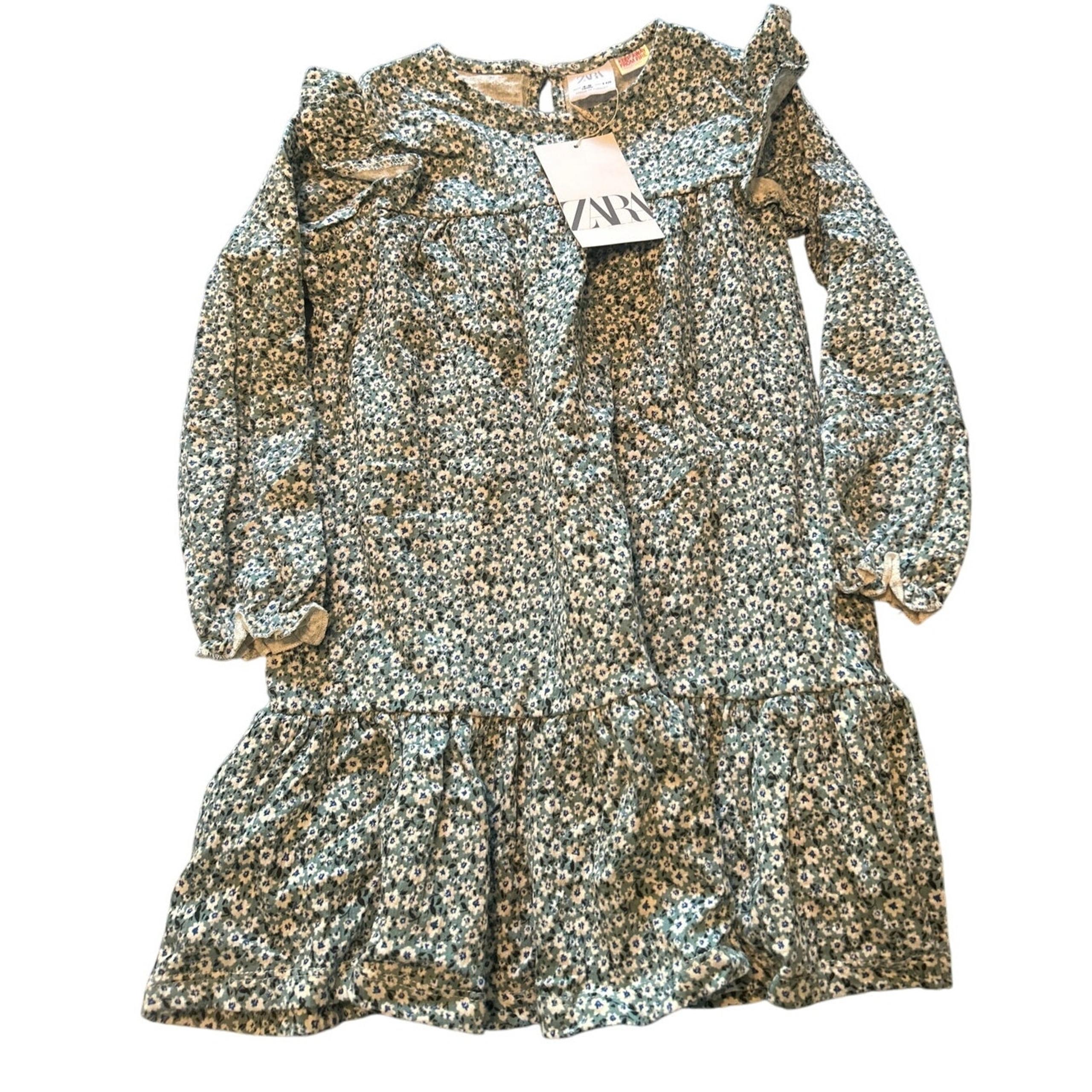 NWT Zara Girls Floral Dress Long Sleeves Ruffle at Shoulder Size 4-5 Years
