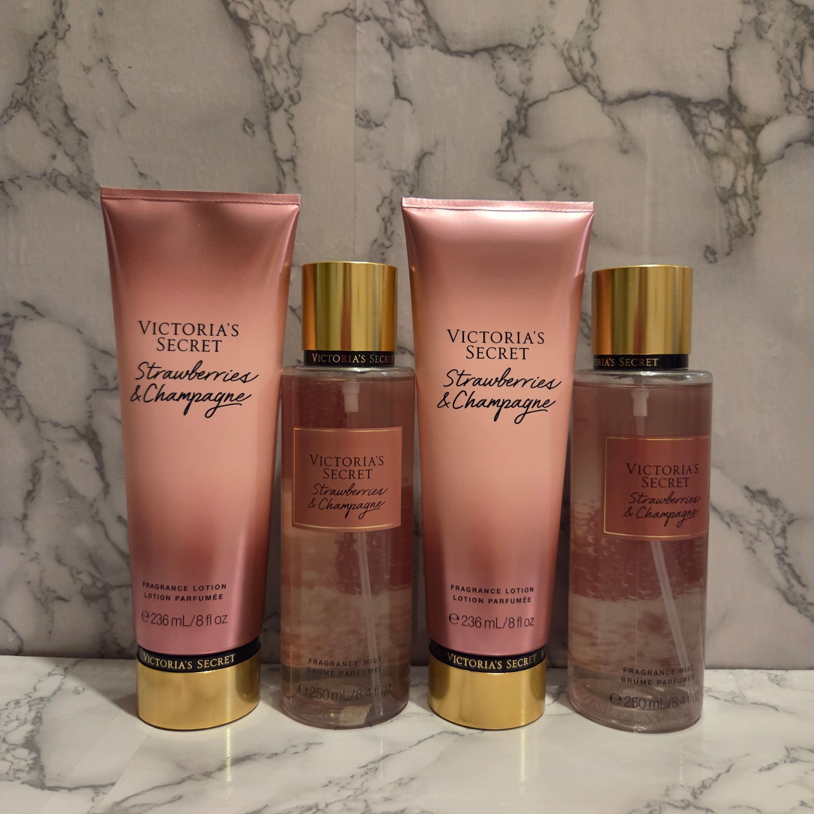 BRAND NEW VICTORIA'S SECRET STRAWBERRY & CHAMPAGNE BODY LOTION & BODY MIST 4PCS.