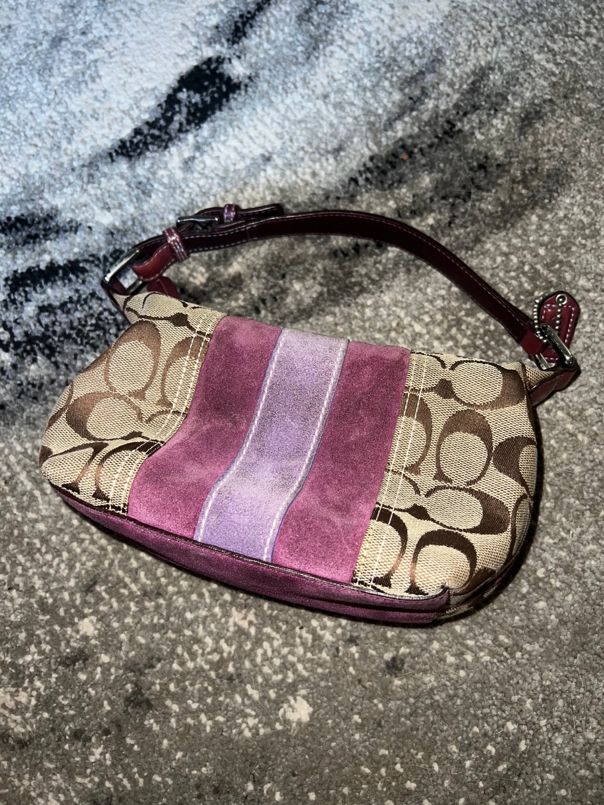 Coach Mini Handbag Brown Canvas Purple Suede Signature C Purse