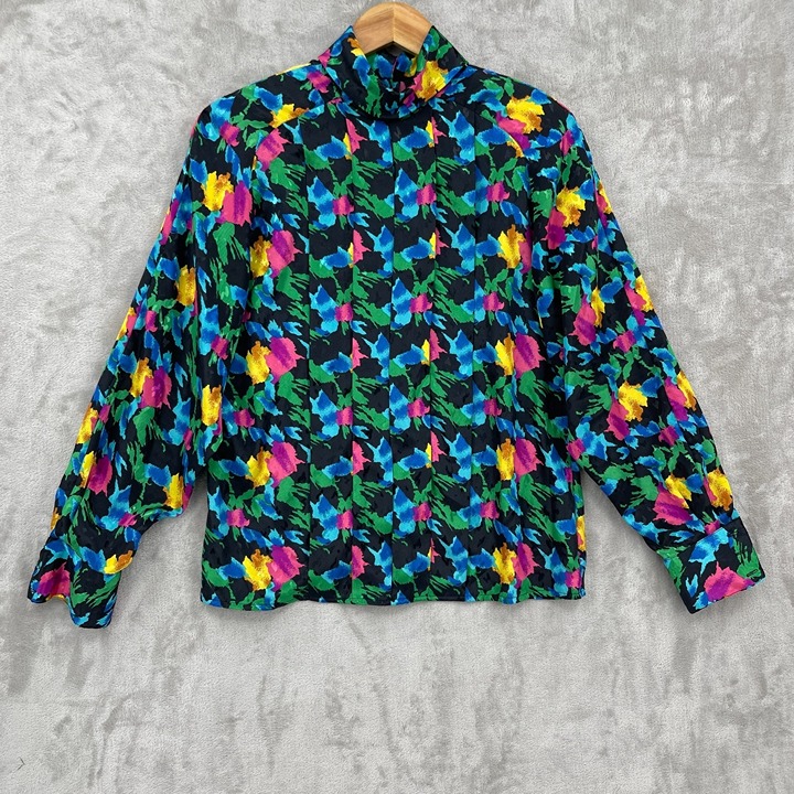 Vintage Colorful Abstract Print Silky Satin Pleated Blouse Secretary