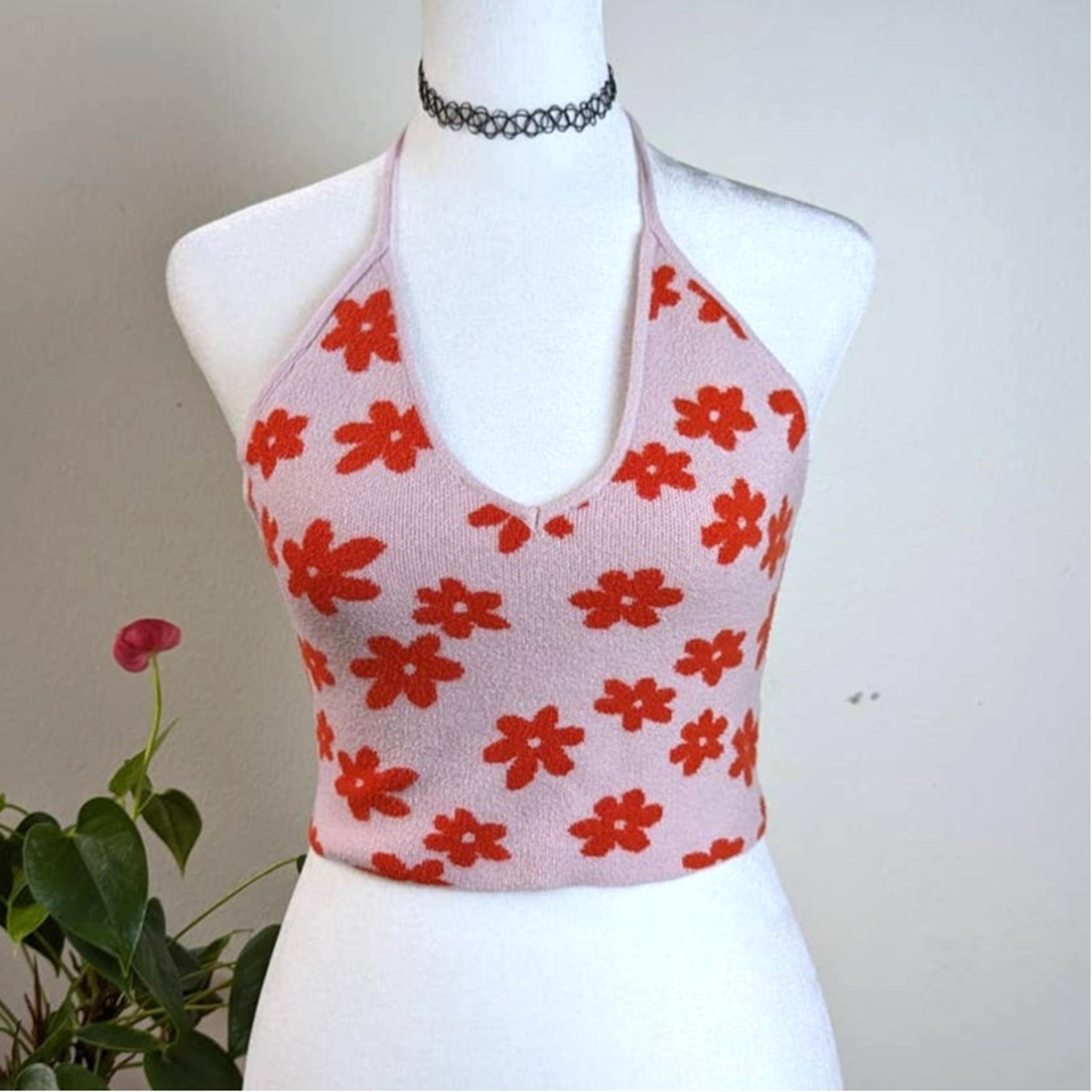 L.A. Hearts Pink Red Malibu Barbie Valentines Halter Knit Tank Crop Top xs