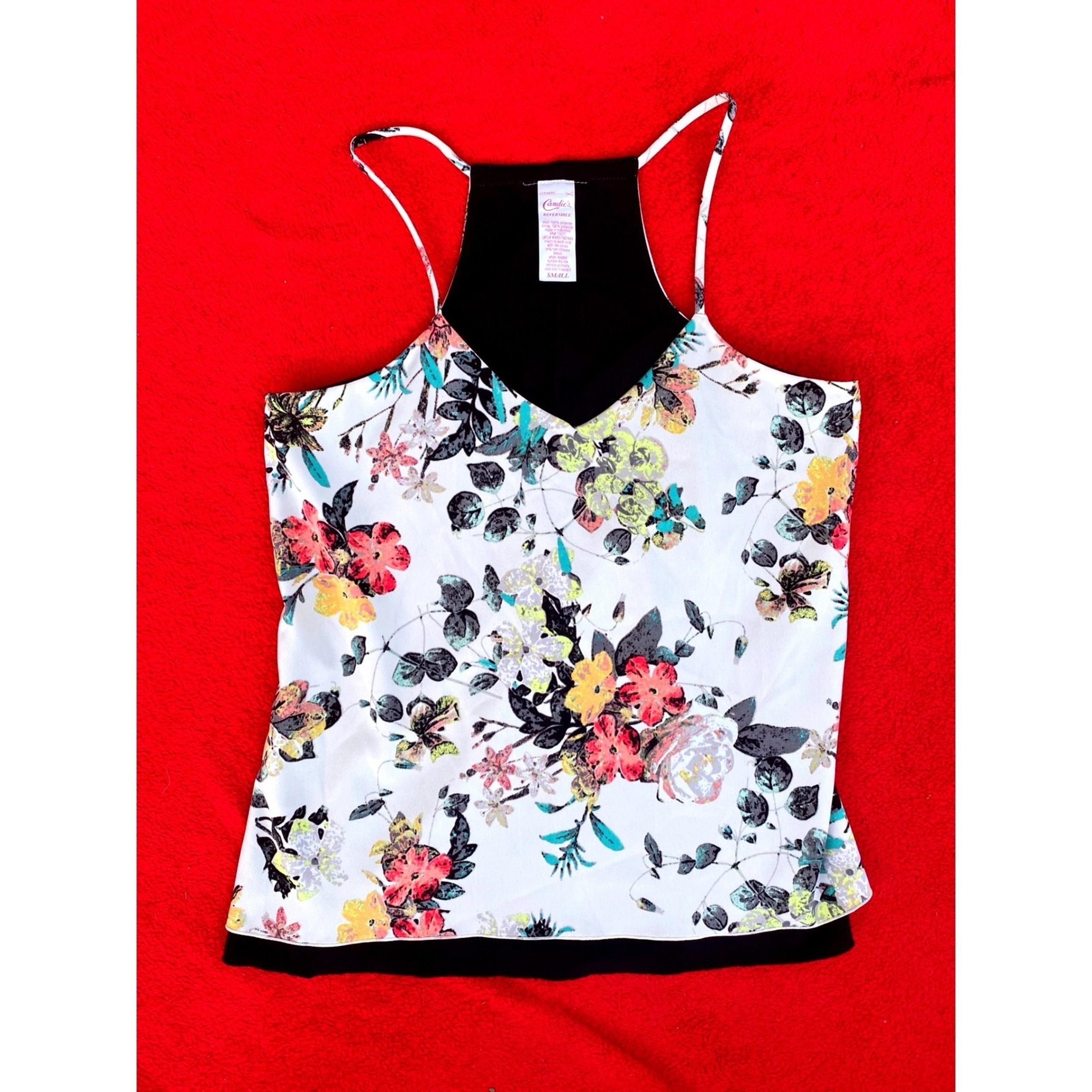 Candie's Floral Cami Top Reversible Sleeveless Tank Top White Black Small