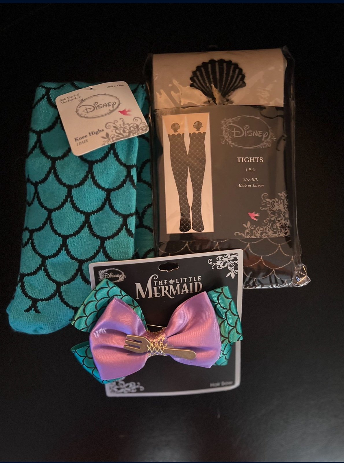 The Little Mermaid hair bow, socks, and tights