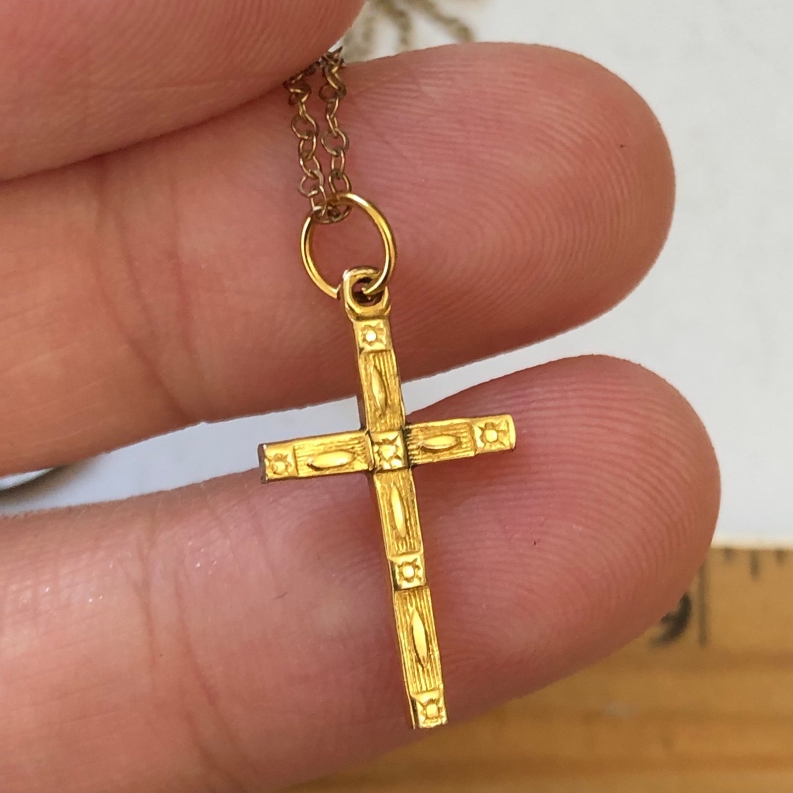 Antique etched cross charm pendant necklace in 14k GF 18”