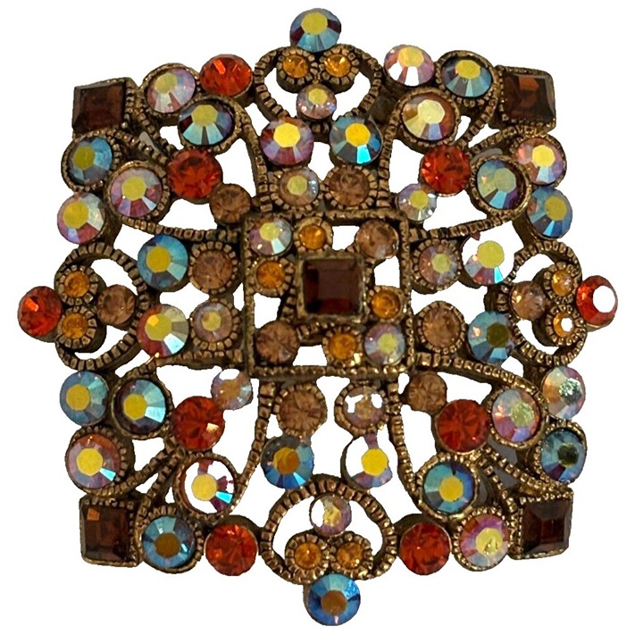 Joan Rivers Aurora Borealis AB Crystal Rhinestone Open Work Lacy Filigree Brooch