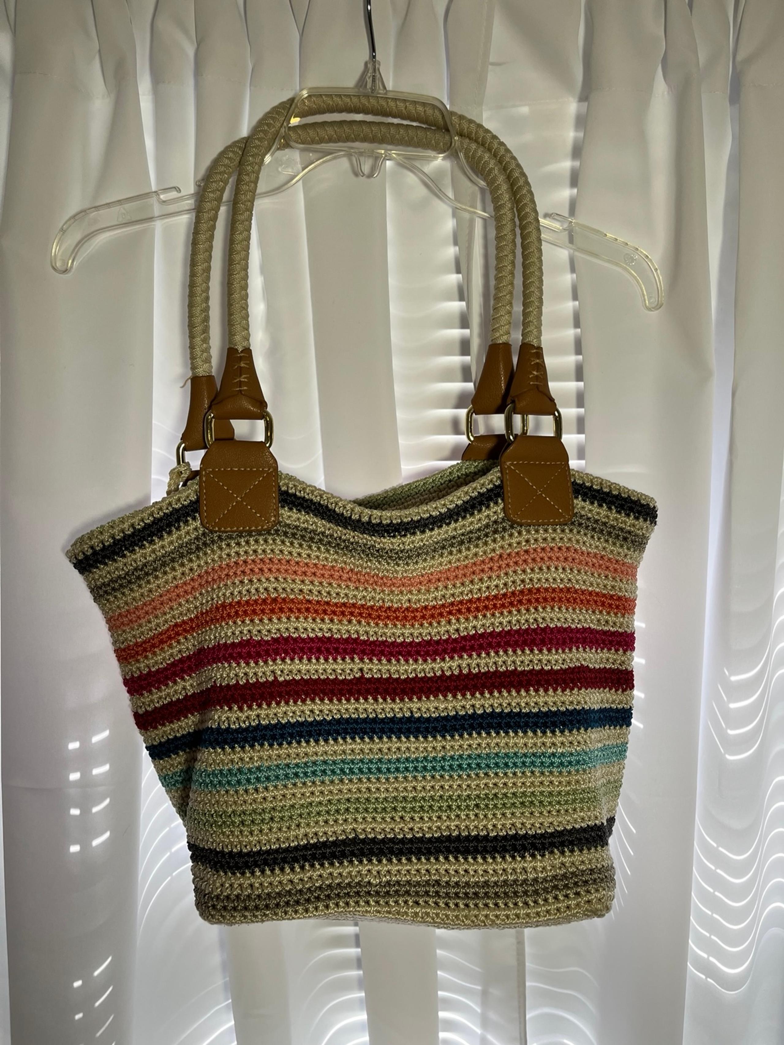 THE SAK Cream & Colorful Stripe Crochet Tote Bag w/Rope Handles