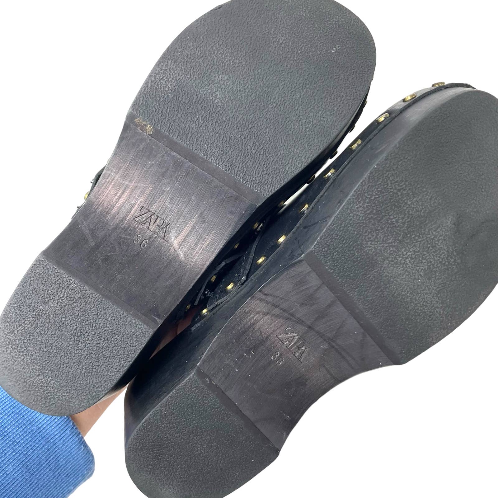 Zara Studded Wood and Leather Clogs Black Size 36 / US 6