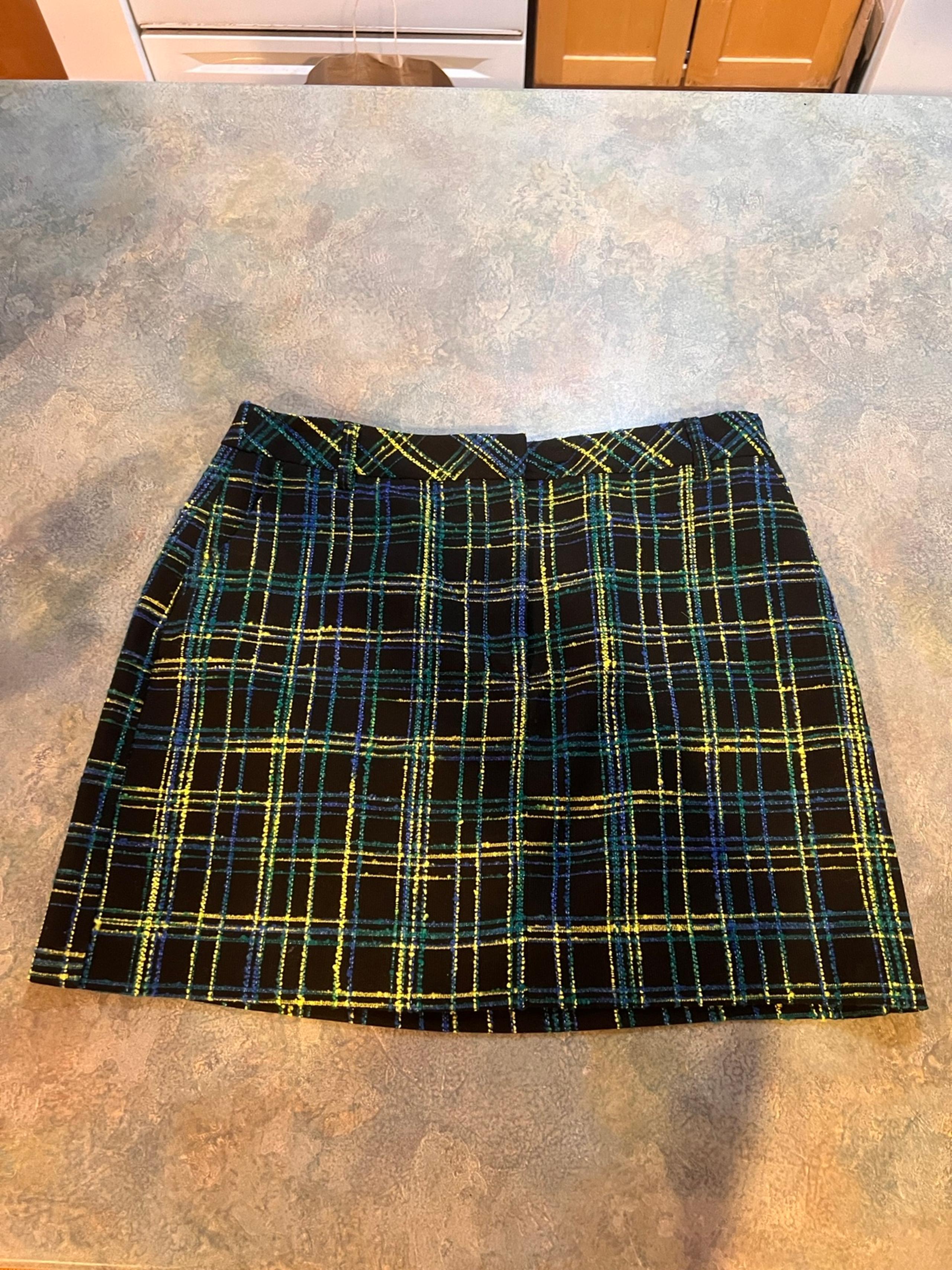 TopShop mini skirt plaid blue yellow green lined with pockets size 8