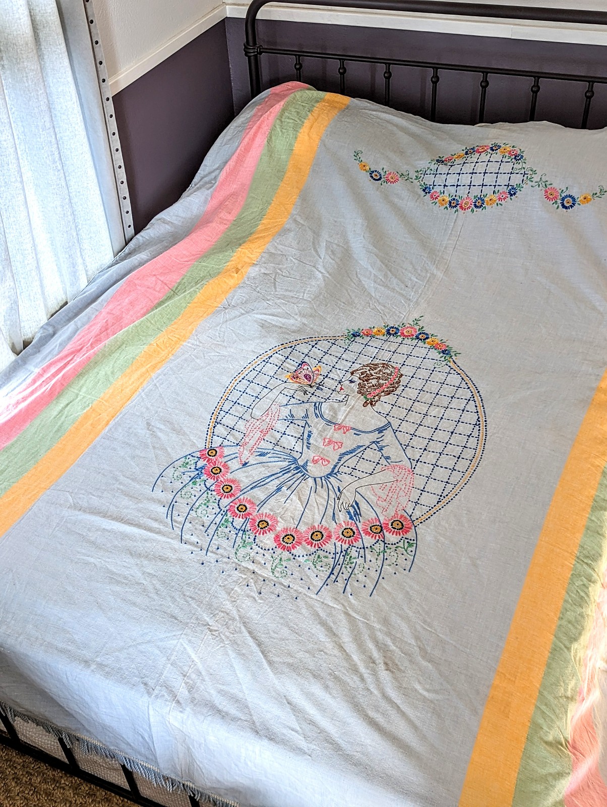 Vintage 1970s Blue Baroque Rococo Embroidered Lady Fringe Bed Cover Blanket