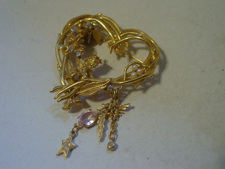 Kirks Folly Large Heart Brooch w/ Dangling Charms