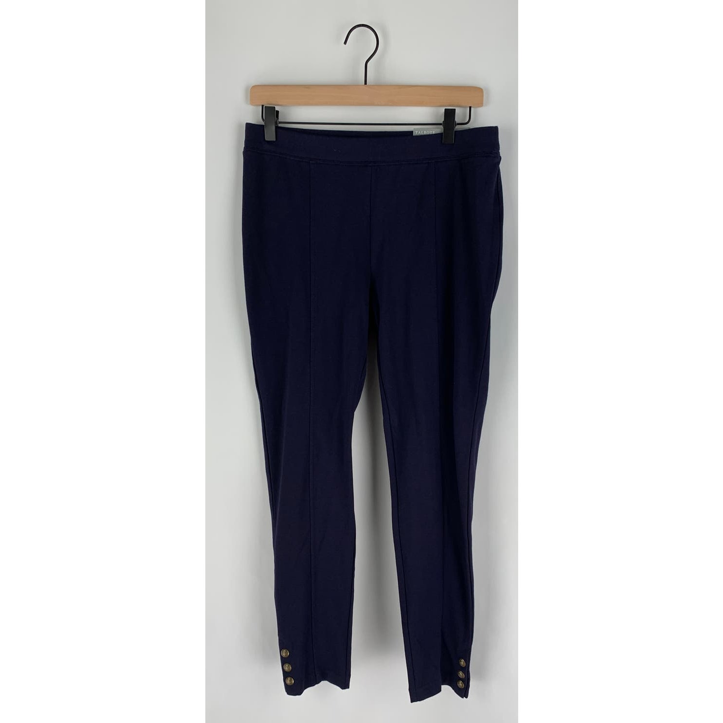 Talbots Skinny Ankle Pull On Pants Womens Medium Navy Blue Gold Buttons New