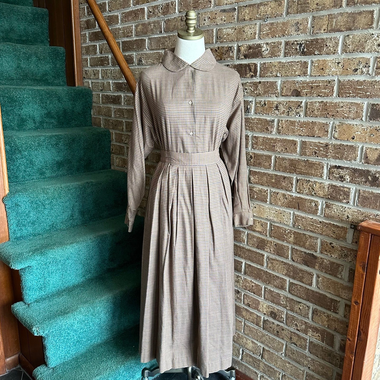 VTG 70s 80s 100% Sanded Cotton Light Brown Mini Checkered Plaid Gingham Blouse &