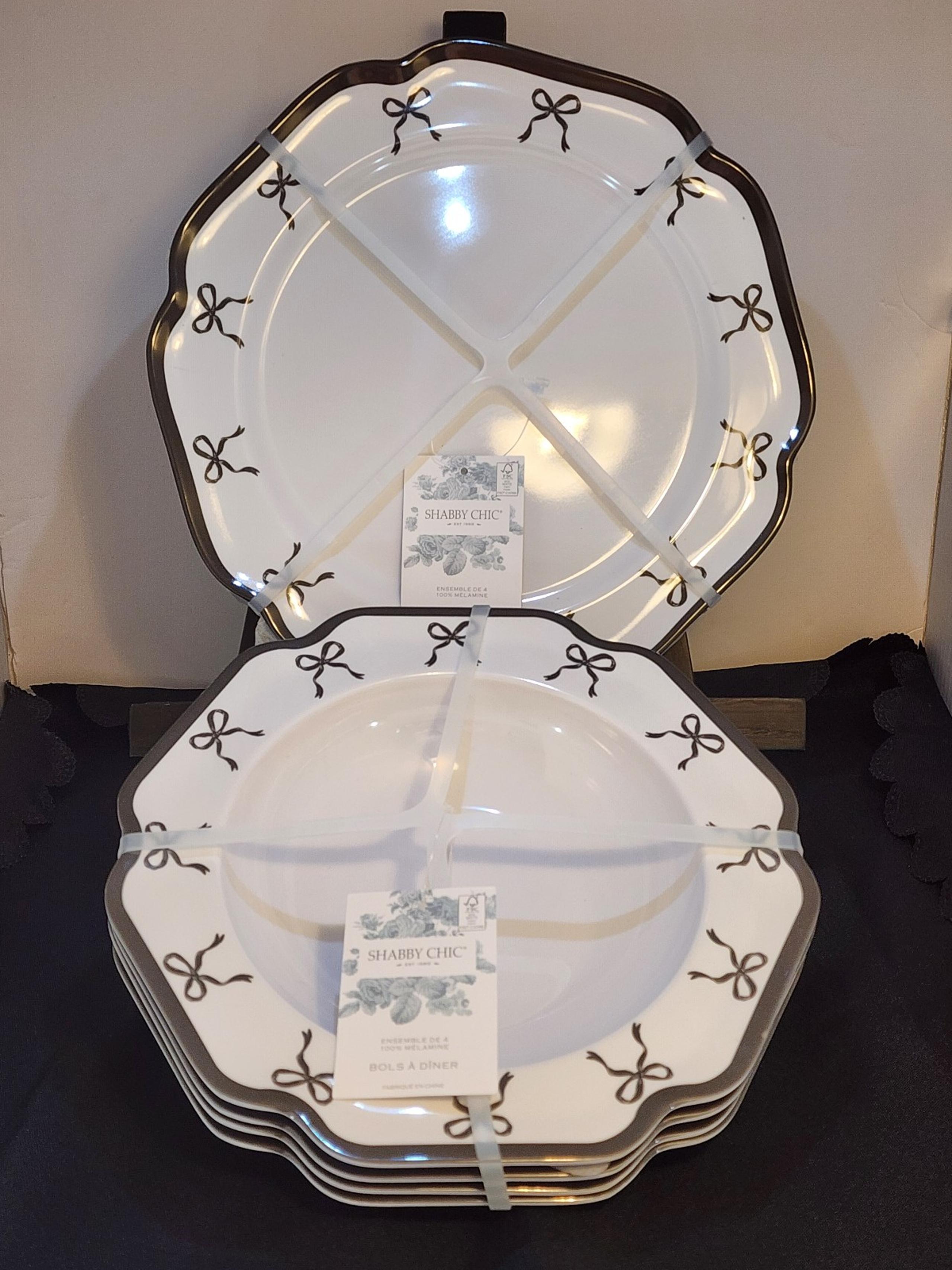 Shabby Chic Black Bow Dinner Plates & Pasta Bowls Melamine 8 Pc Dinnerware Set