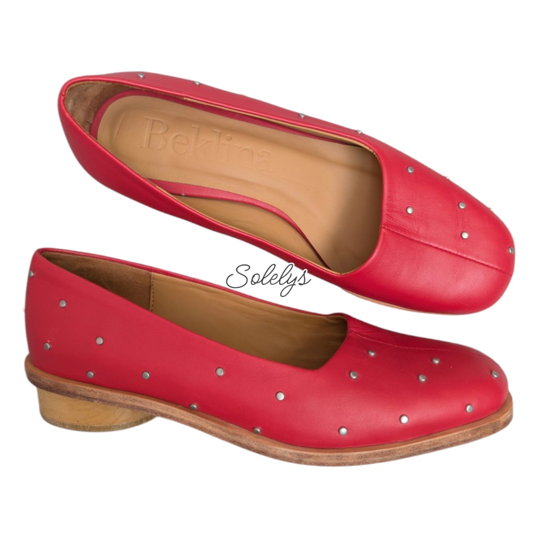 Beklina Pinto Leather Studded Low Heel Pump Geranium Red Wood Sole Womens 6