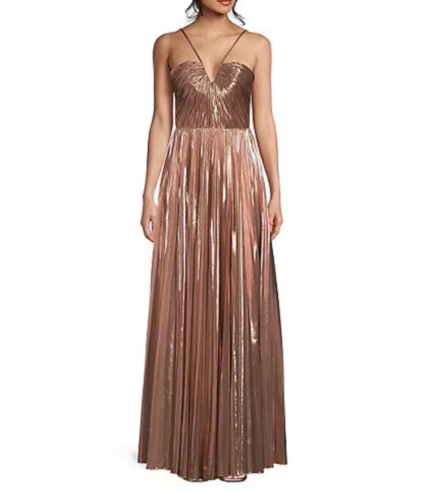 GB Social Pleated Metallic Split Neck Long Dress
