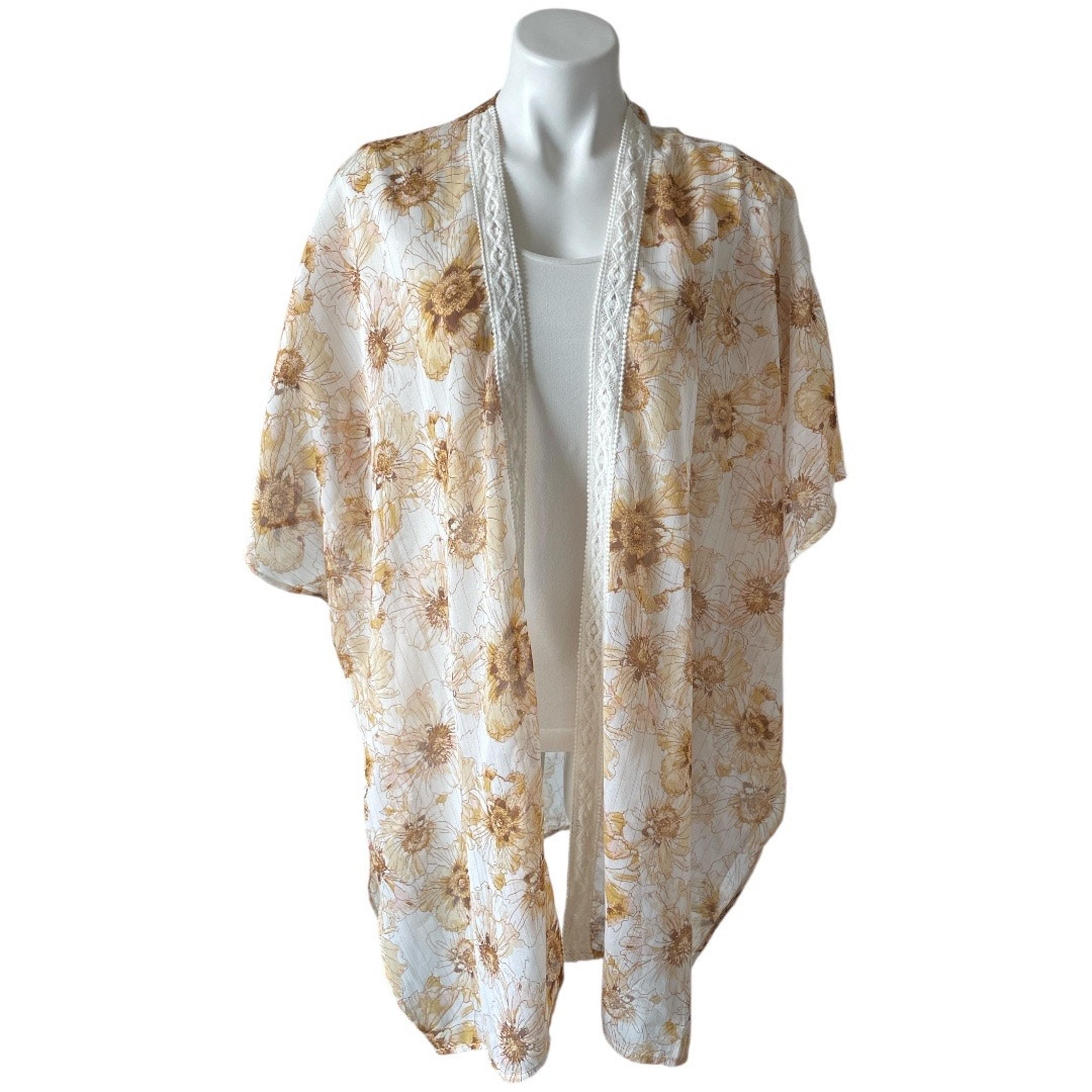 Maurices Floral Crochet Trim Kimono Open Front One Size