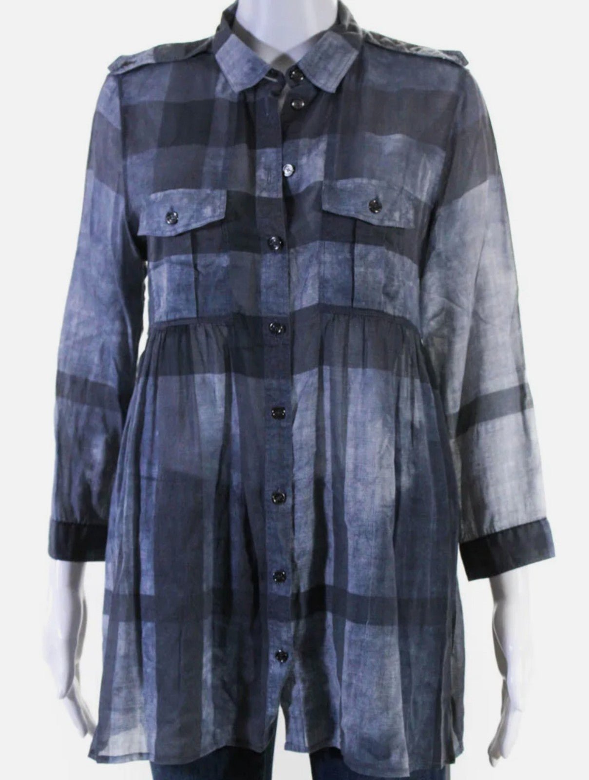 Burberry Brit Womens Button Front Collared Faded Nova Check Shirt Blue Large