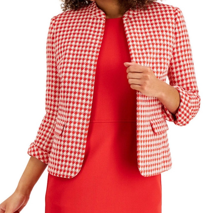 Ann Klein Womens Tweed Houndstooth Open-Front Jacket Size 14 Polyester Blend