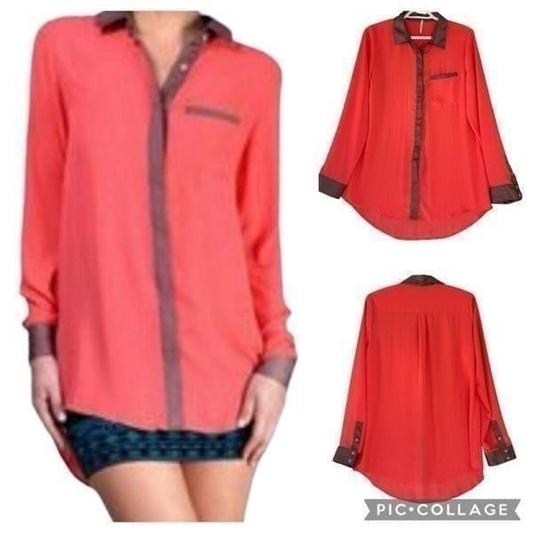 Free People Sheer Coral Pink Boyfriend Button Down Shirt Tan Bronze Trim Size S