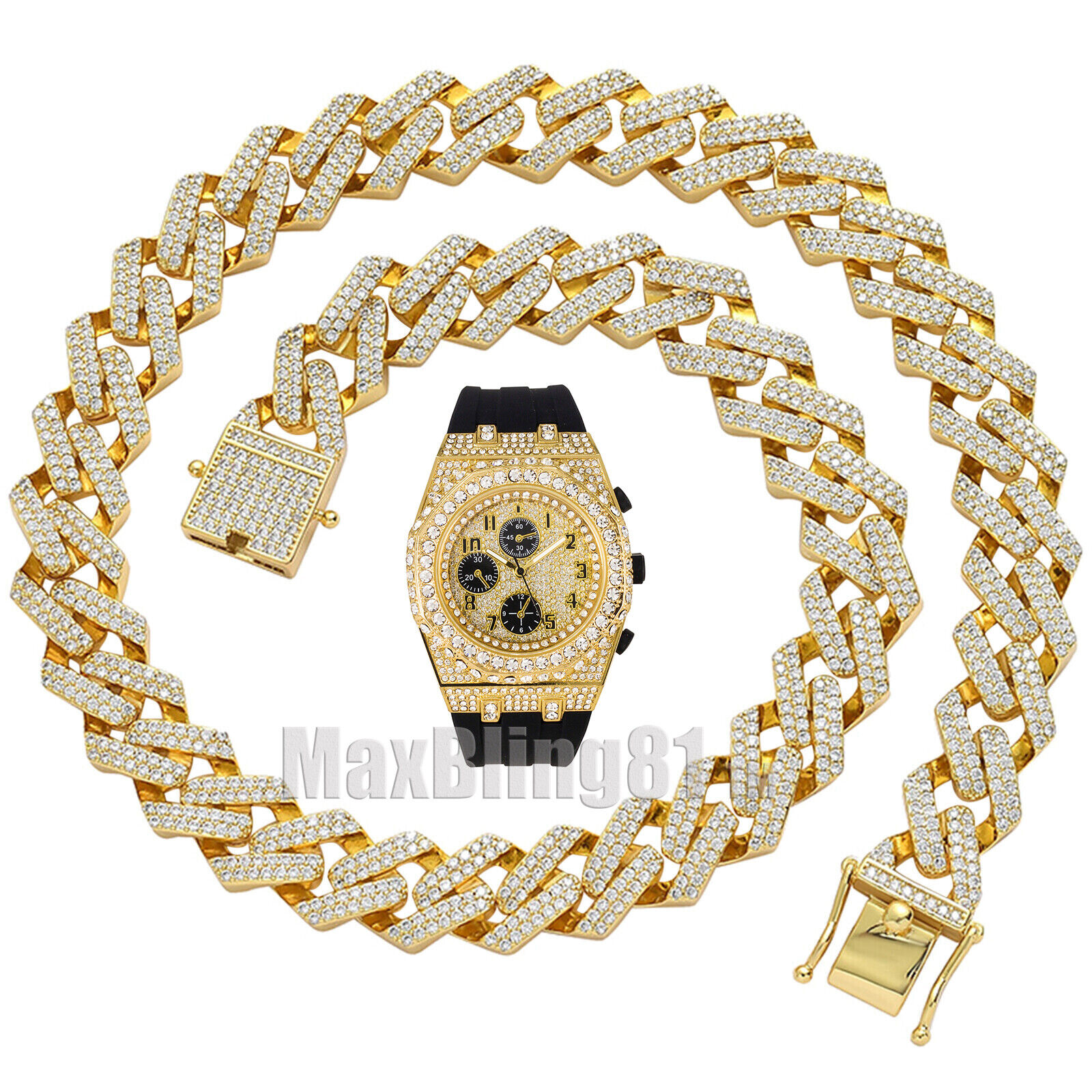 HIP HOP GOLD PLATED LUXURY SILICONE BAND WATCH & ICED CUBAN CHAIN NECKLACE SET