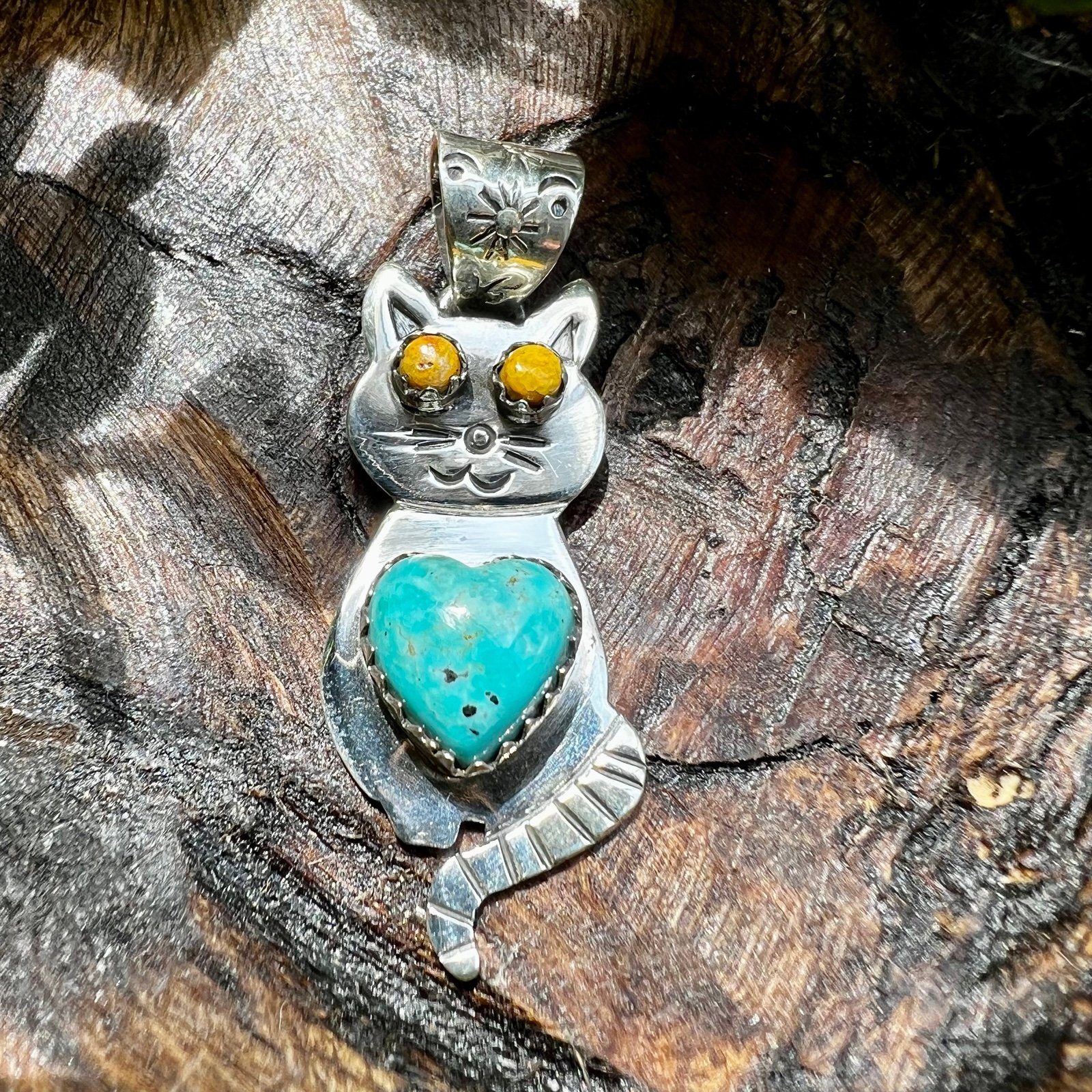 925 Sterling Silver Kitty Cat Pendant With Bumblebee Jasper & Kingman Turquoise