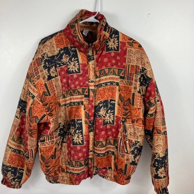 Womens Fuda International Silk Bomber Jacket Red Gold M Silk Nylon