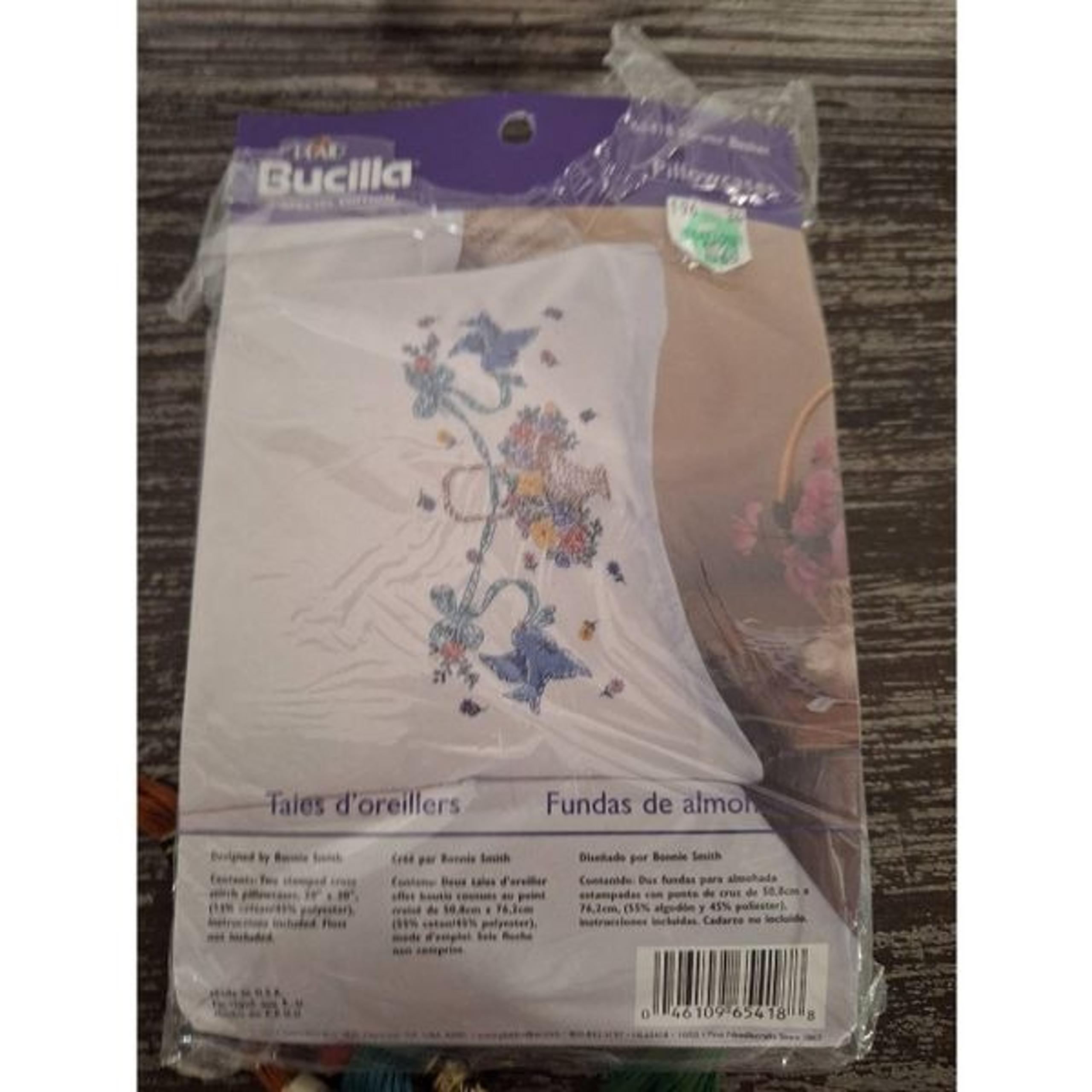 Bucilla Cross Stitch Pillowcase Pair 20" x 30" Flower Basket 65418 NEW w/ floss