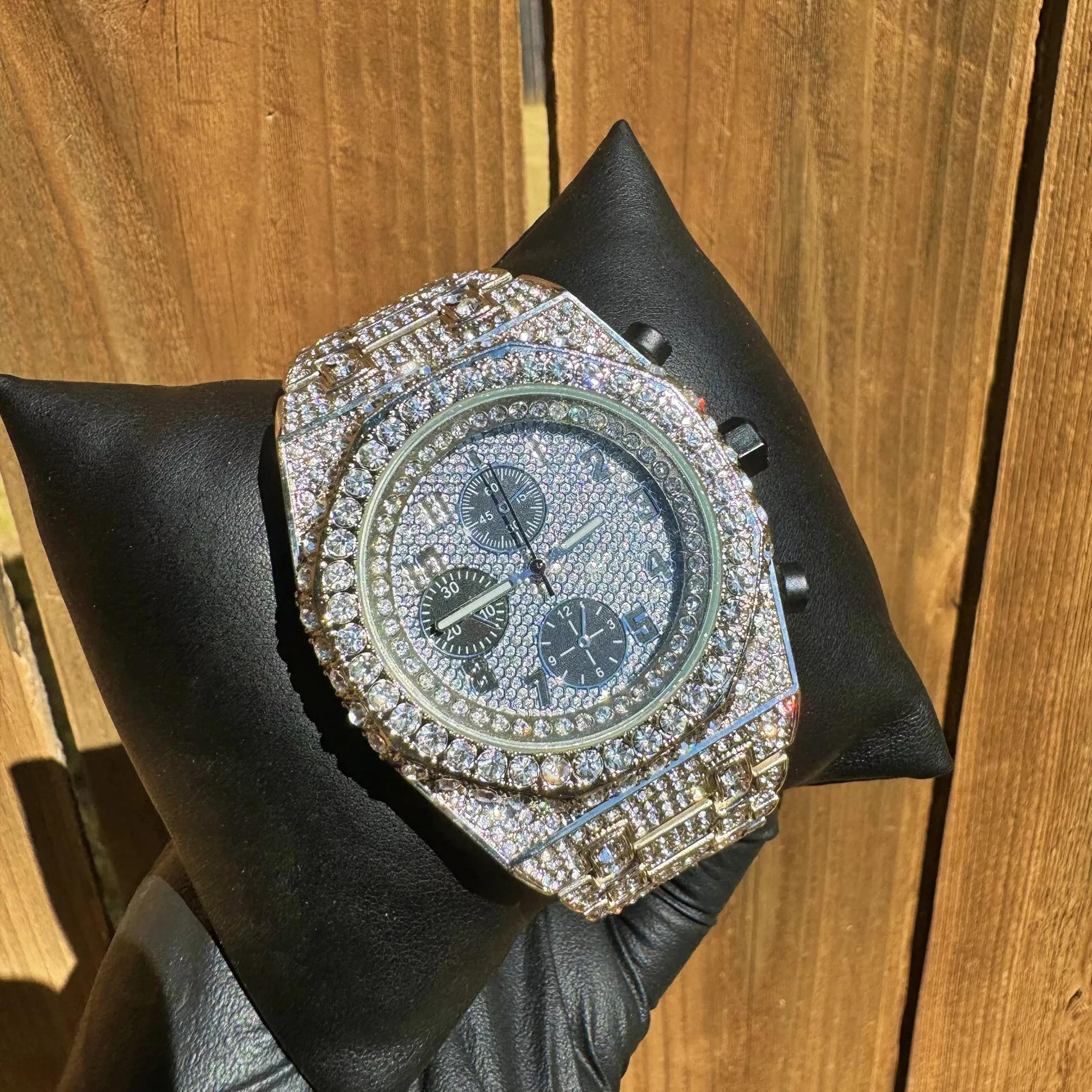 Men's Icy Out Iced Silver Simulated Diamond Bracelet Metal Dress Watch