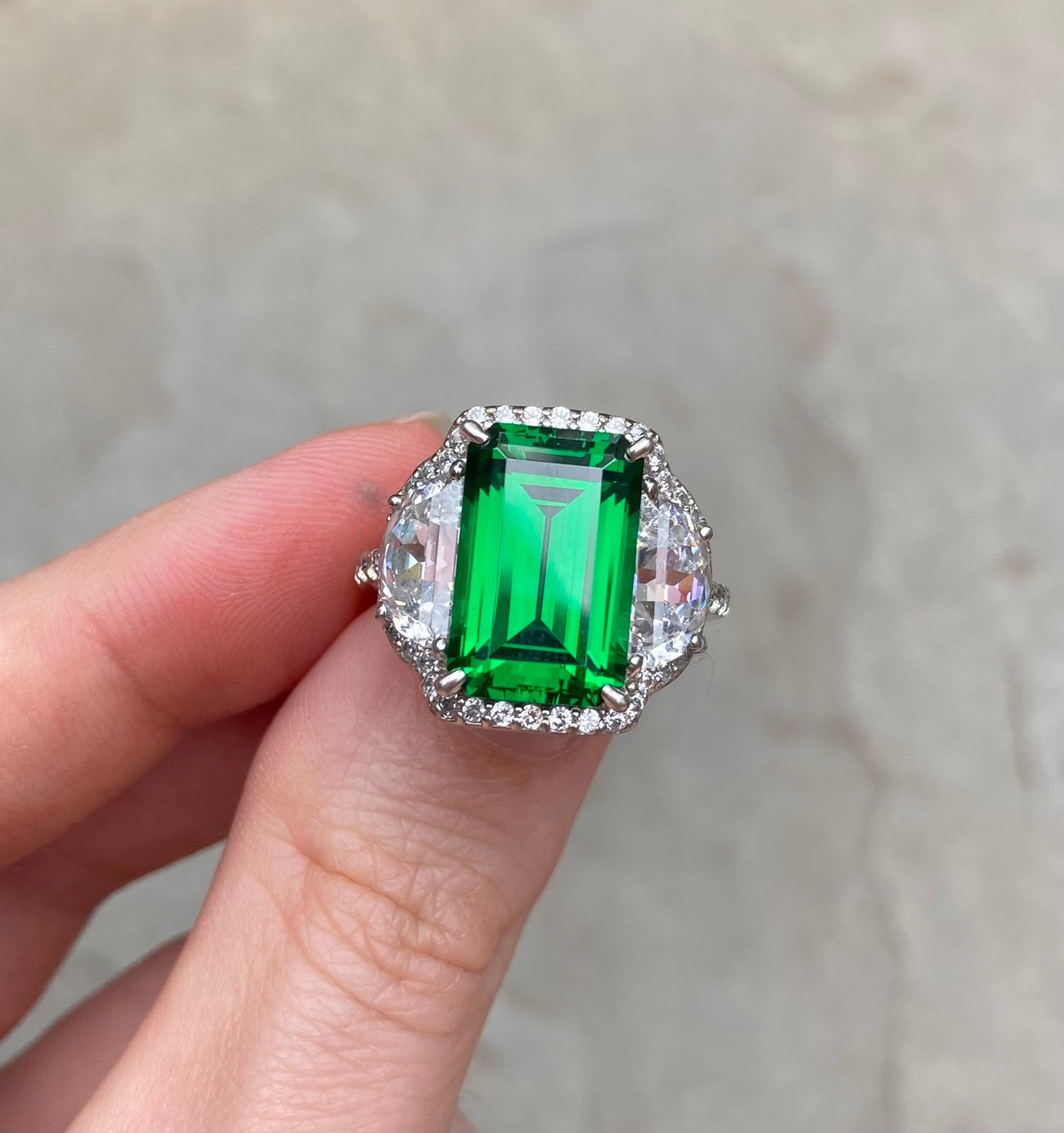 Vivid Emerald Green Diamond Zirconia Sterling Engagement Ring