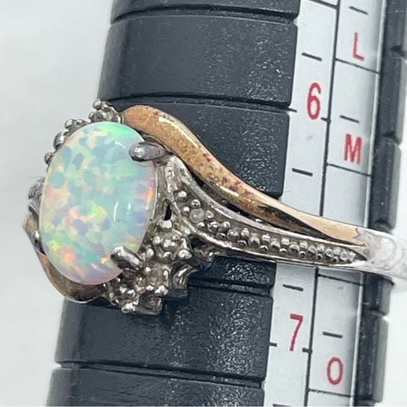 Opal & Small Diamond Ring Marked 925 10K AU Size Approx 6.5