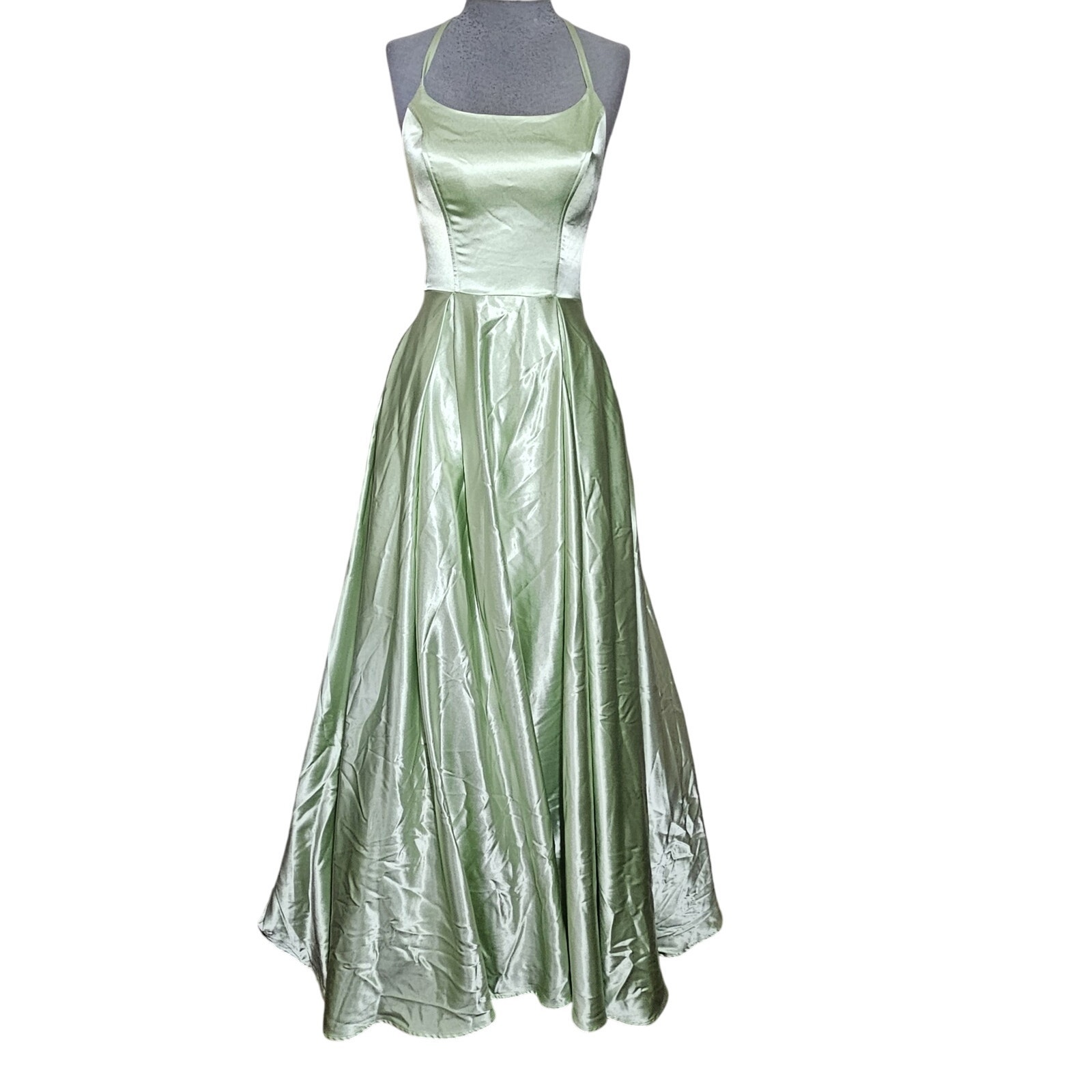 Green Satin Maxi Cocktail Dress With Pockets Size 5 New with Tags