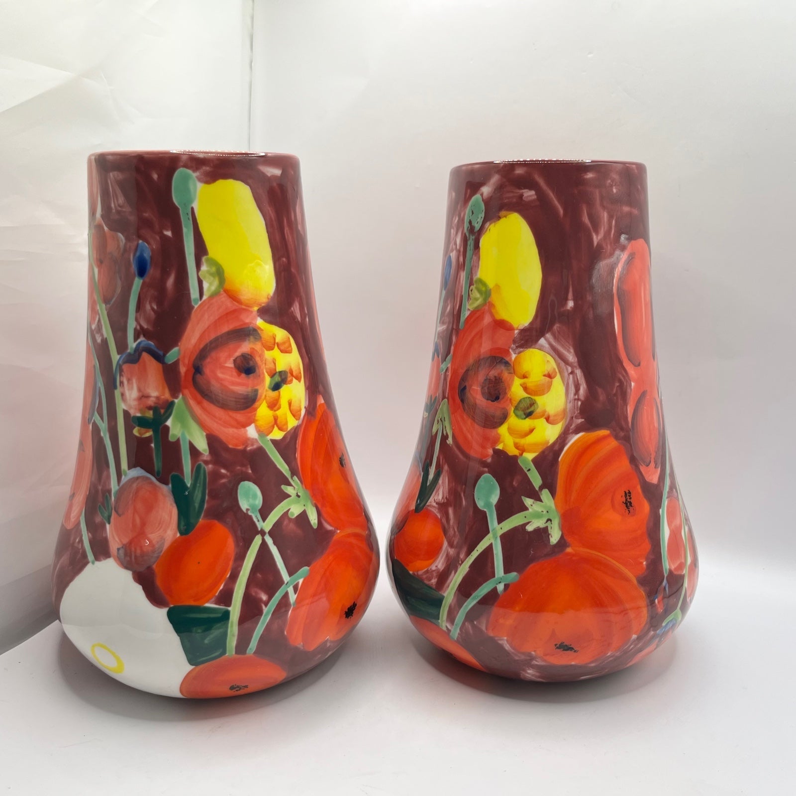 Anthropologie Tall Ceramic Watercolor Red Poppy Vases - Qty 2