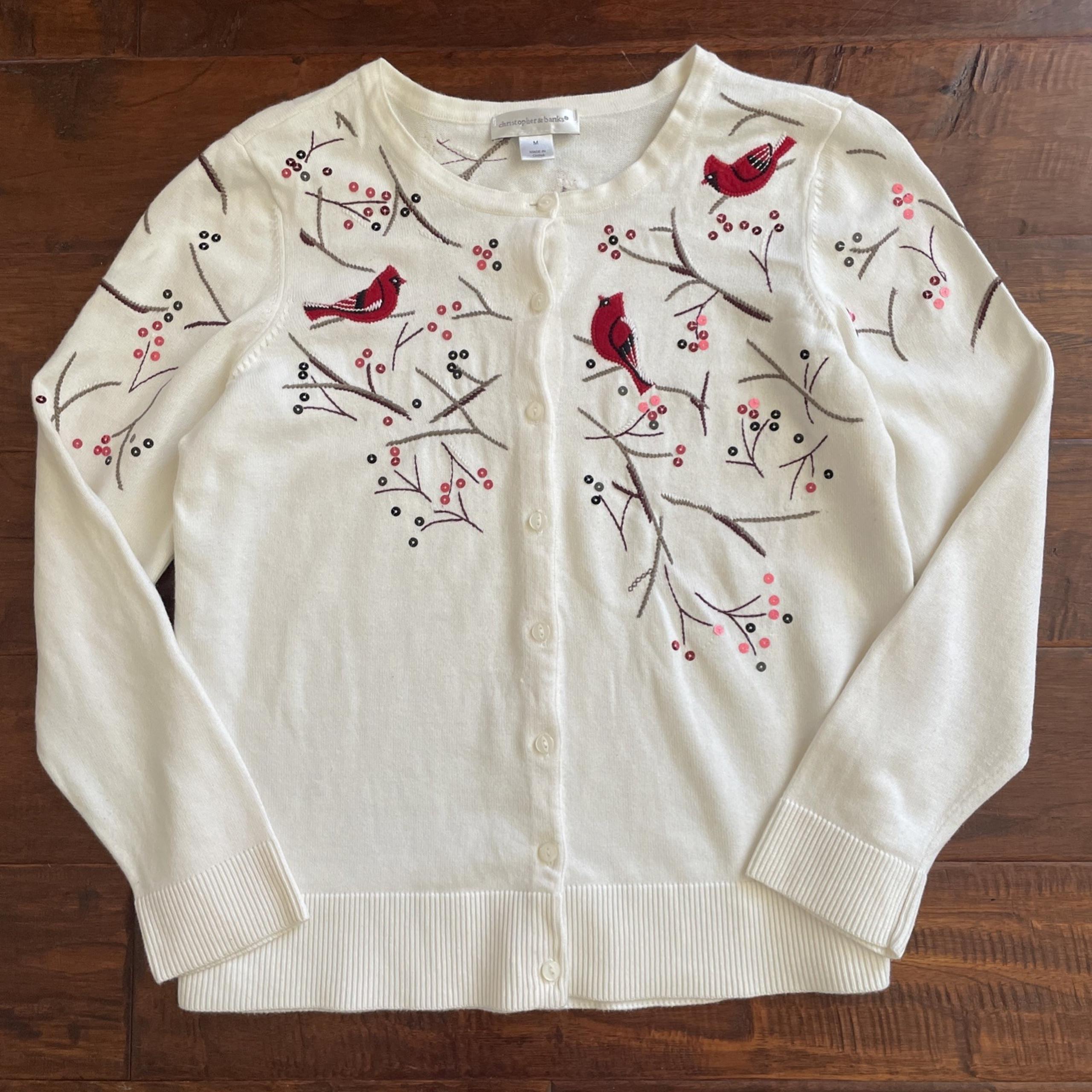 Christopher & Banks Cardigan Size Medium Embroidered Cardinal's Cotton Cottage