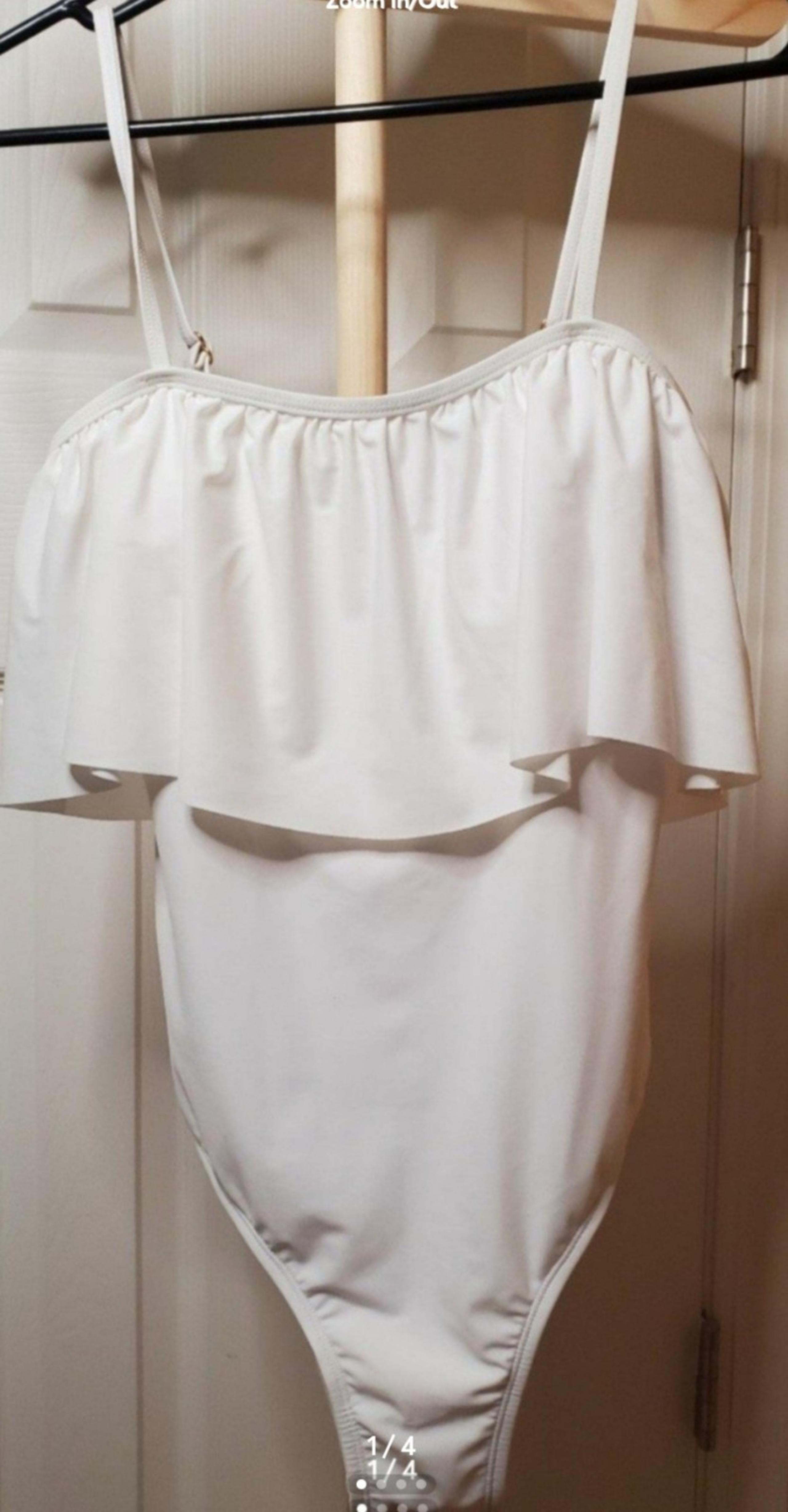 NWT Women's One Piece White Hi-cut Ruffle Top Swimsuit - Sz. Medium