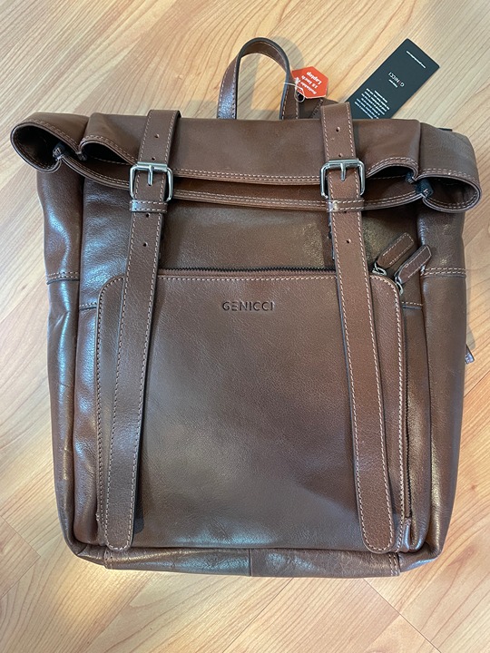 NWT! Leather Jason Cognac Rolltop UNISEX Genicci Backpack, Laptop Messenger Bag.