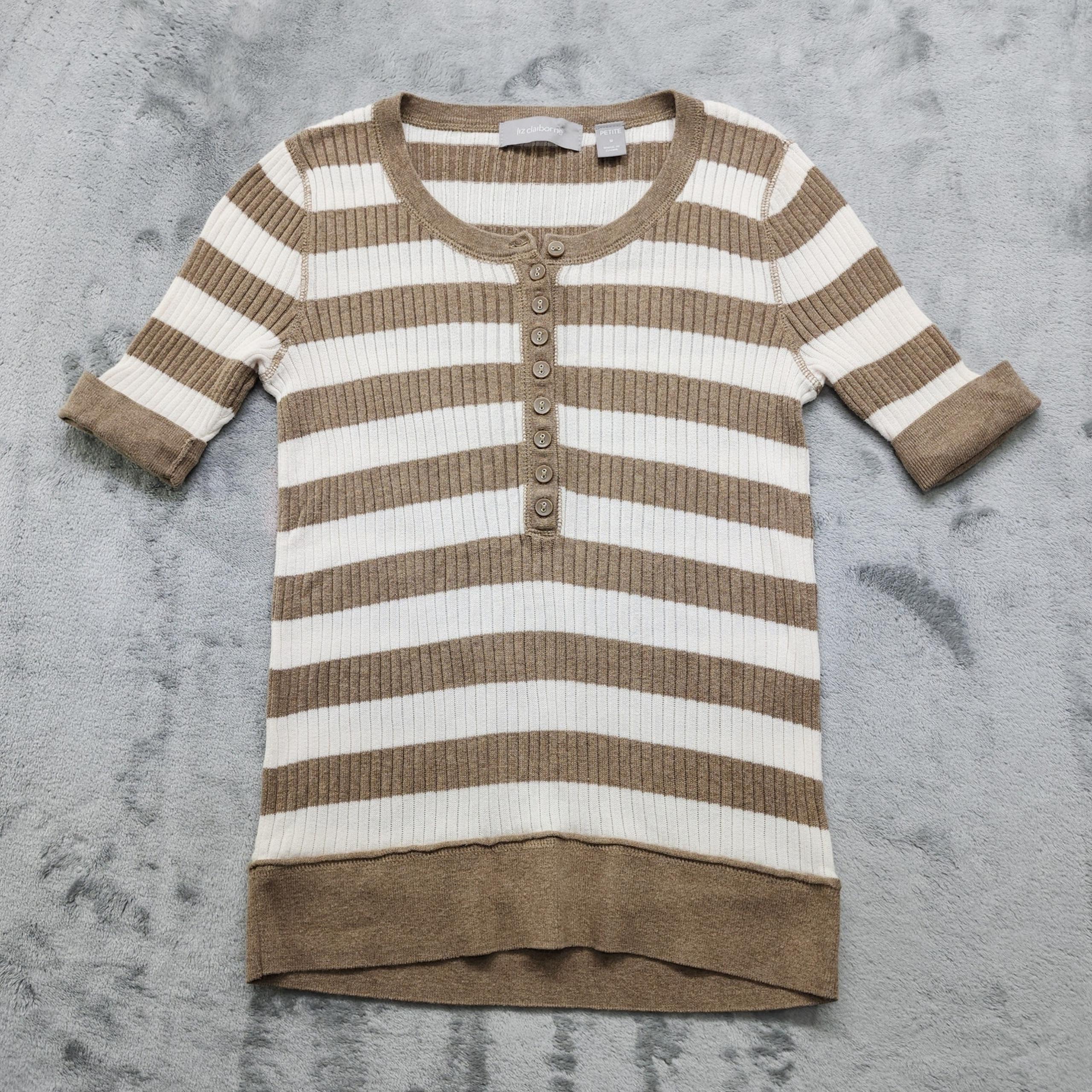 Vintage Y2K Liz Claiborne Sweater Womens M Petite Brown White Striped Scoop Neck