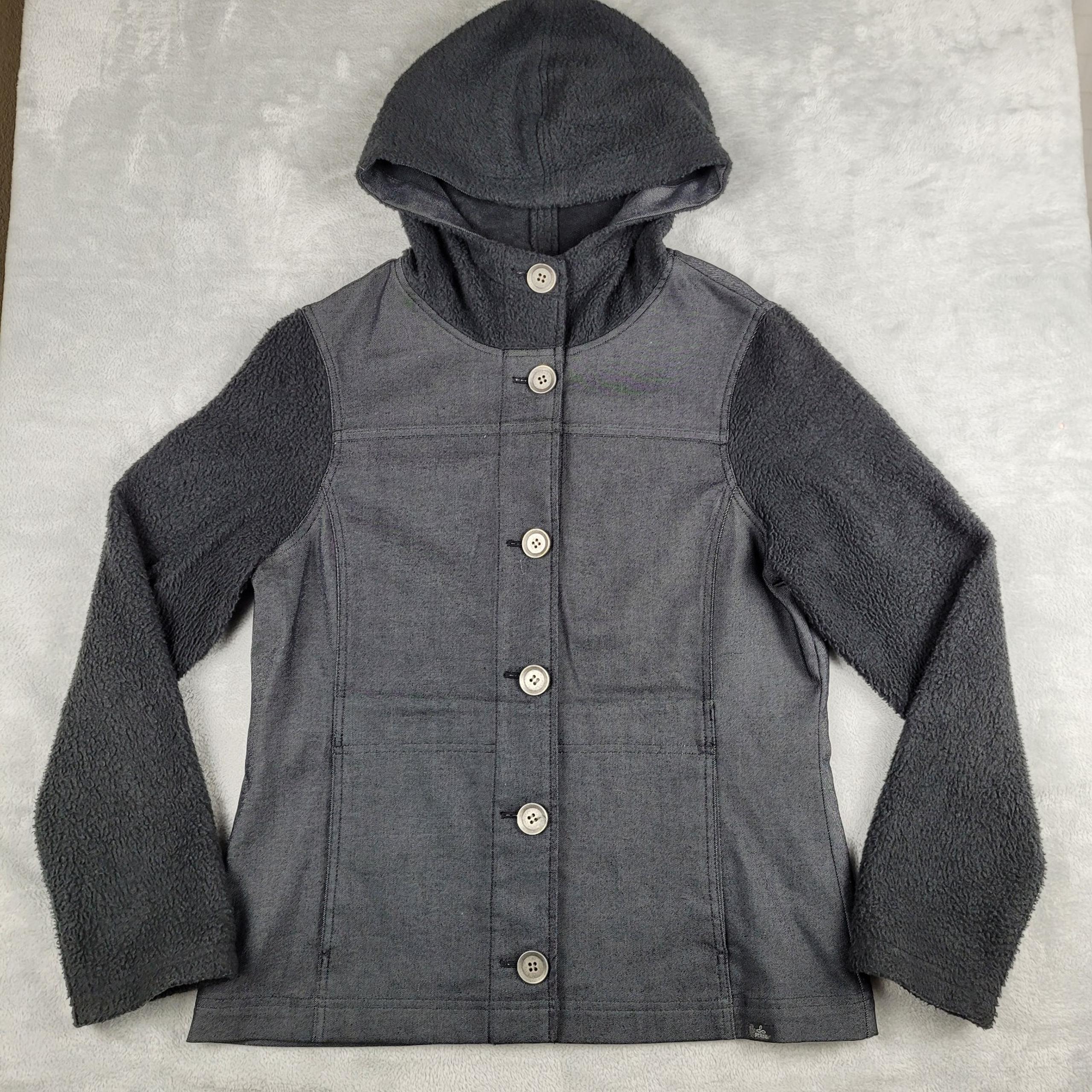 Prana Womens Jacket L Toni Denim Fleece Hooded Gray Black Size Large Outdoors
