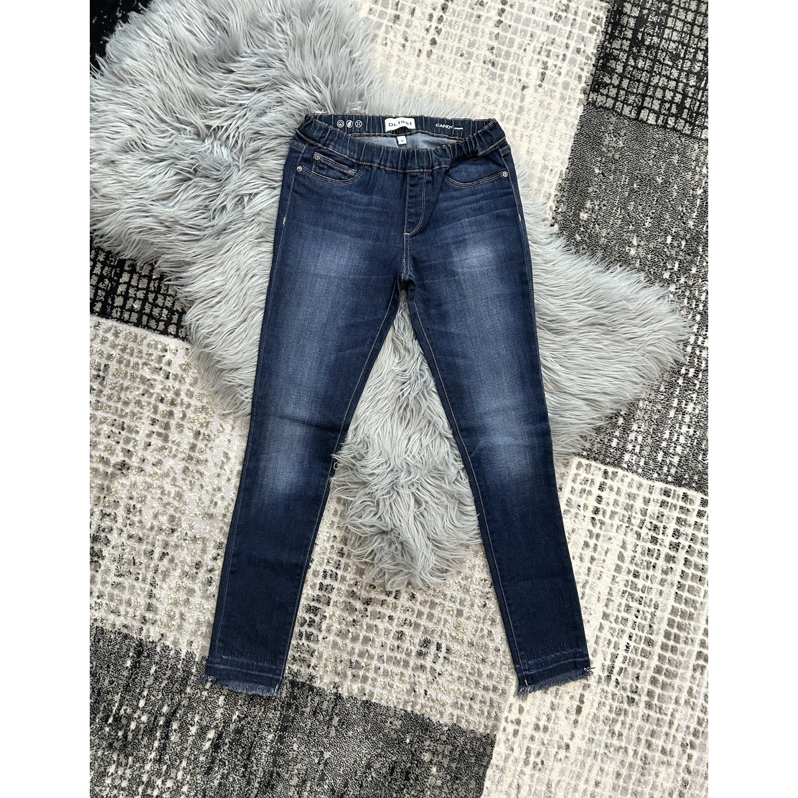 DL1961 CANDY Leggings Fringe Bottom Dark Blue Denim Youth Size 14
