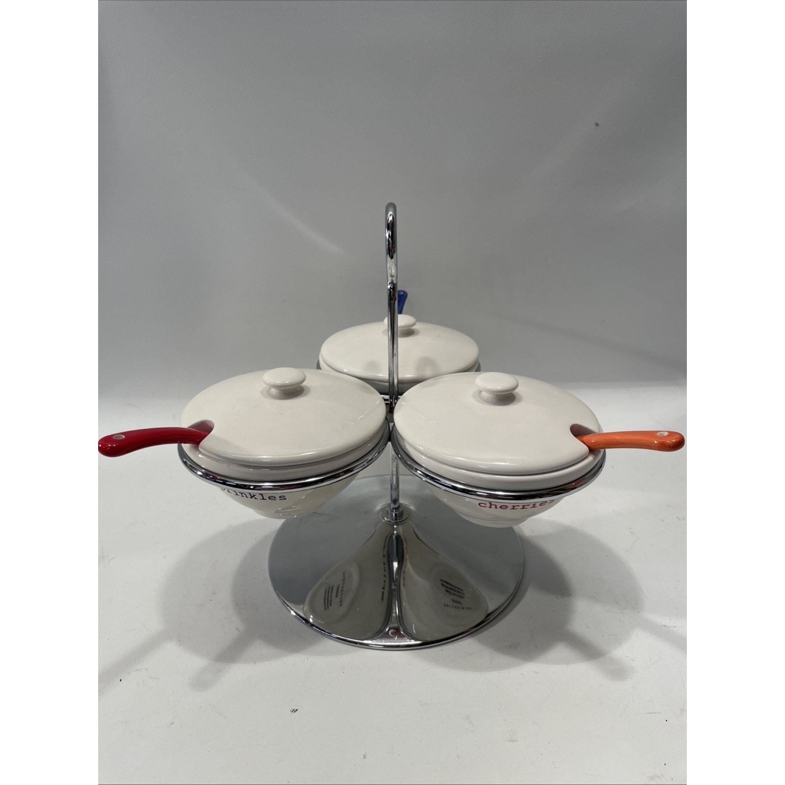 Pottery Barn Scoop Icecream Topping Center Caddy with Spoons 3 Bowls