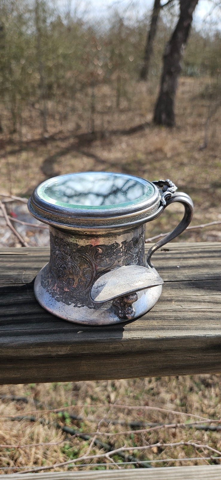 Antique Silver Plate Scroll Detail Shaving Mug with Mirror,Biggins Rodgers Co