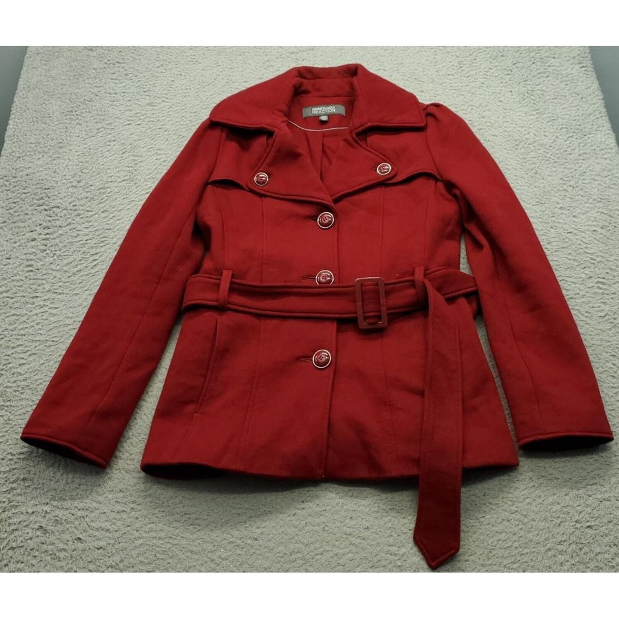 Kenneth Cole Reaction Jacket Women Medium Dark Red Belted Waist Button Front